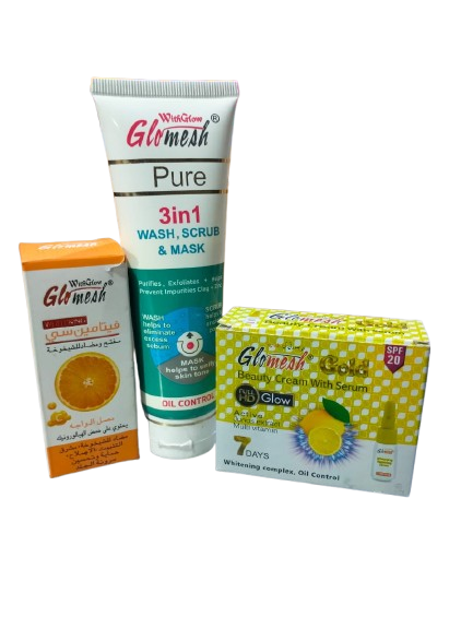 Glomesh | Deal 3 | Save with Deal | Serum + Beauty Cream + 3 in 1 Wash, Scrub & Mask